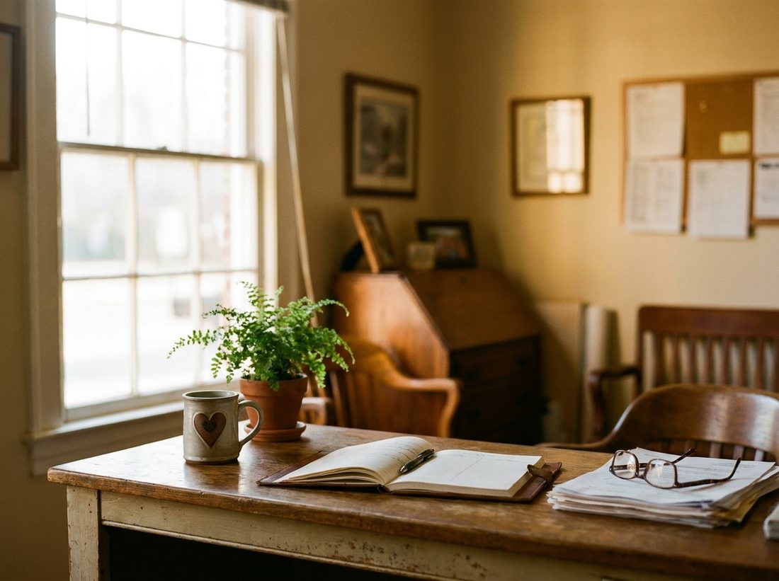A warm wooden desk inside the Strong Insurance office, with an open ledger, reading glasses and a coffee mug in soft window light.