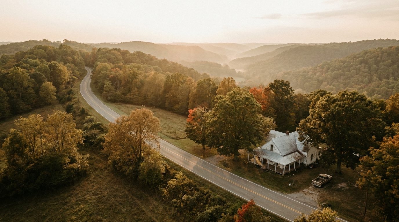 A country road winding through the forested ridges of the Cumberland Plateau near Crossville, Tennessee, with a farmhouse and pickup truck in the warm golden-hour light.